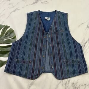 Dreams Womens Vintage 90s Denim Vest Size L Blue Rainbow Stripe Buttons